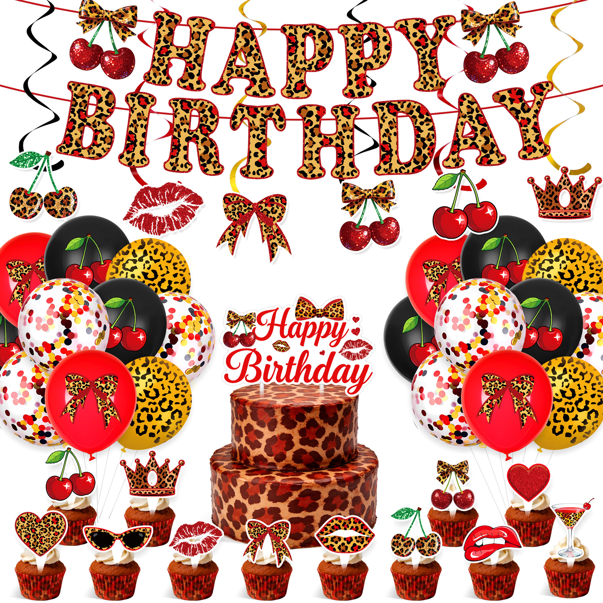 Bow Leopard Print Theme Party Tableware Disposable Paper Plate Paper Cup Tablecloth Bunting Flag Cake Decoration