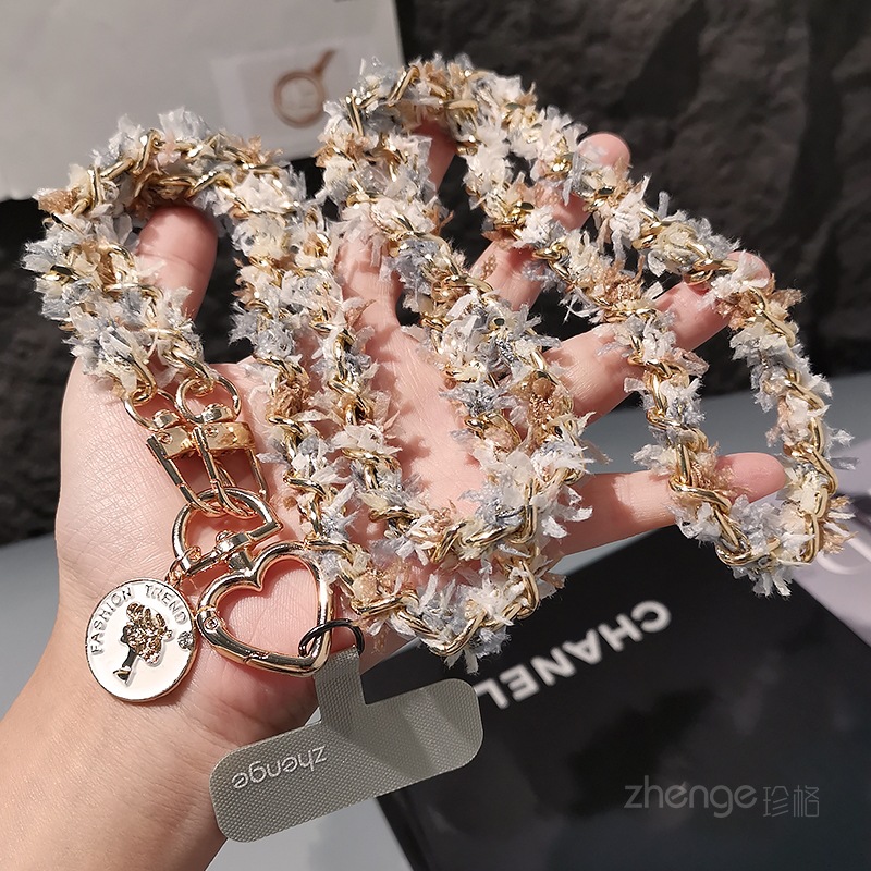 Small fragrance style metal button chain phone strap crossbody long women's niche outdoor phone wearable strap travel