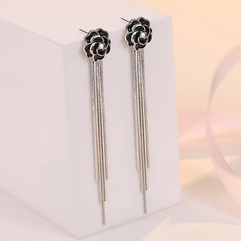 Black rose earrings, long tassel earrings, new flower earrings