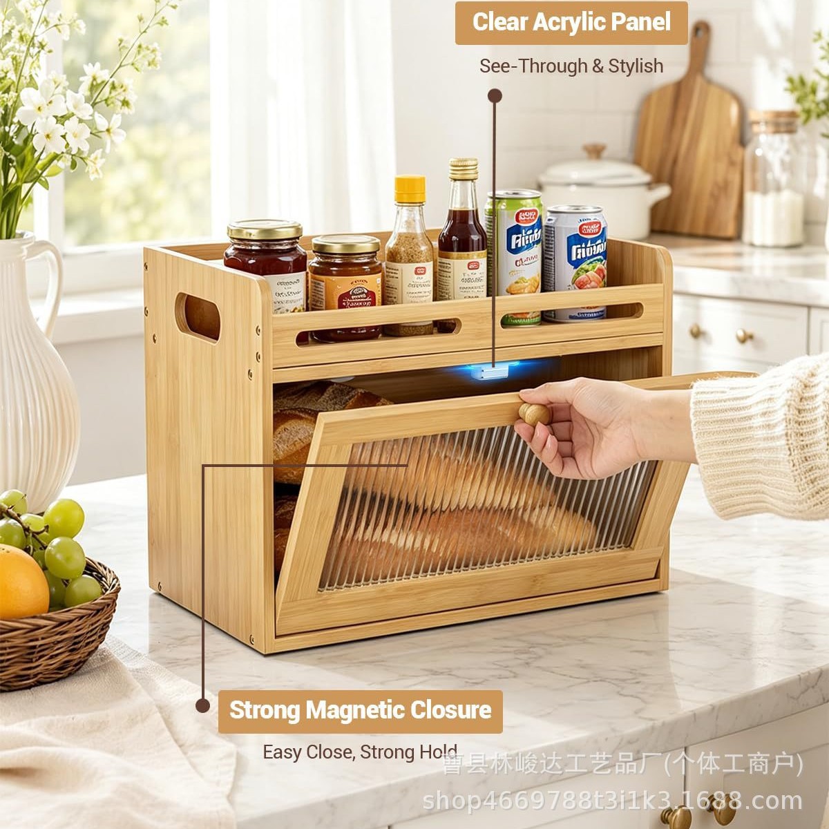 New bamboo wood bread box, kitchen countertop baking pastry dustproof storage box, multifunctional double-layer seasoning storage rack