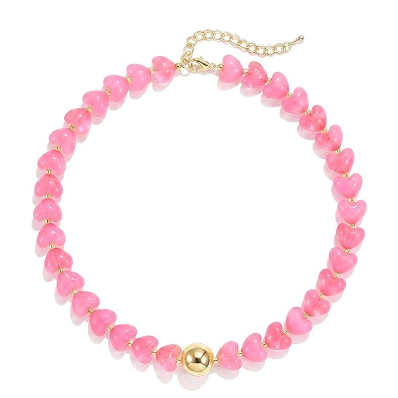 Colorful Heart Shaped Beaded Necklace Women Cute Acrylic Adjustable Jewelry Necklace