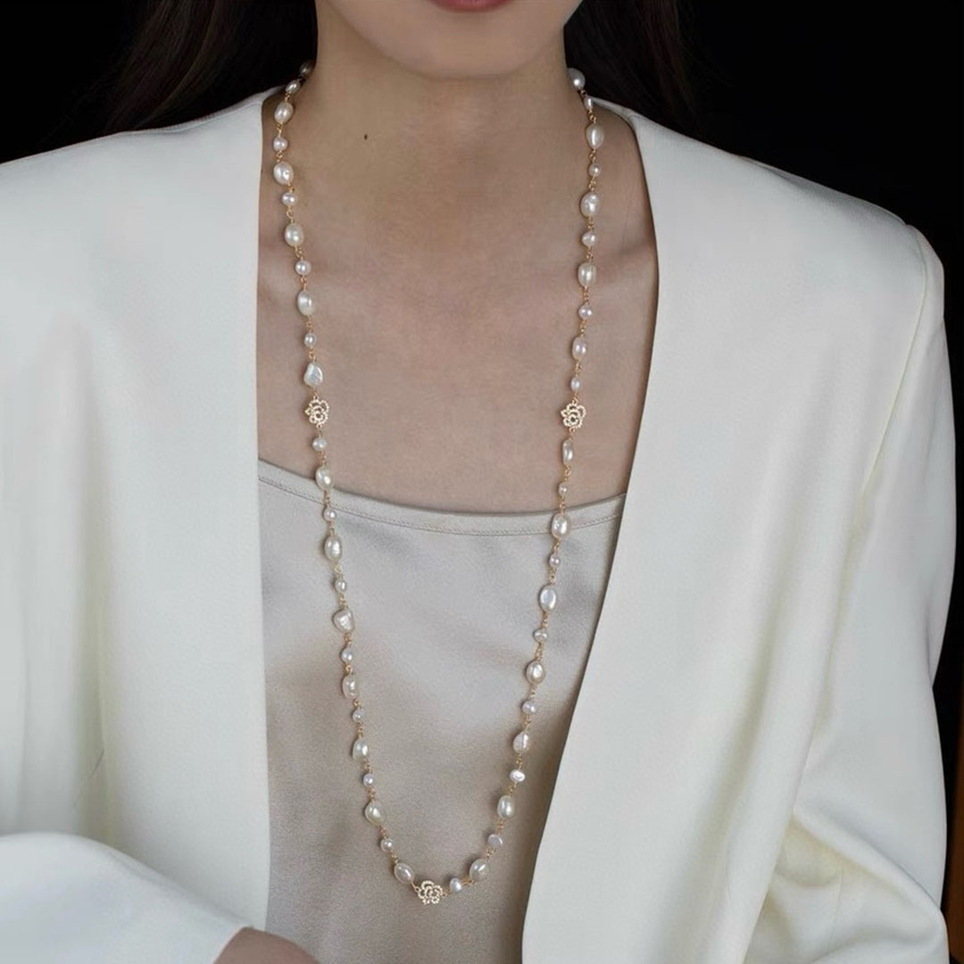 Natural Freshwater Pearl Long Necklace Women Autumn Winter Stackable Sweater Chain
