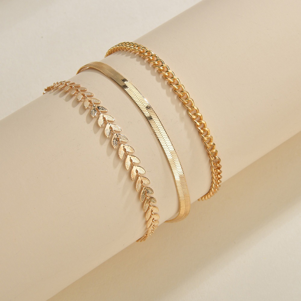 Rongshang Accessory Anklet Set Women's Anklet Three-Piece Flat Snake Wheat Chain Ankle Ornament