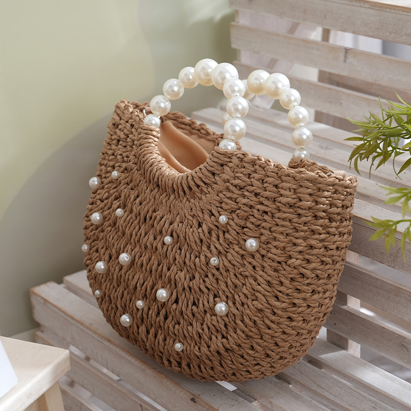 Large capacity pearl handbag straw woven simple tote bag woven semi-circular crossbody bag beaded
