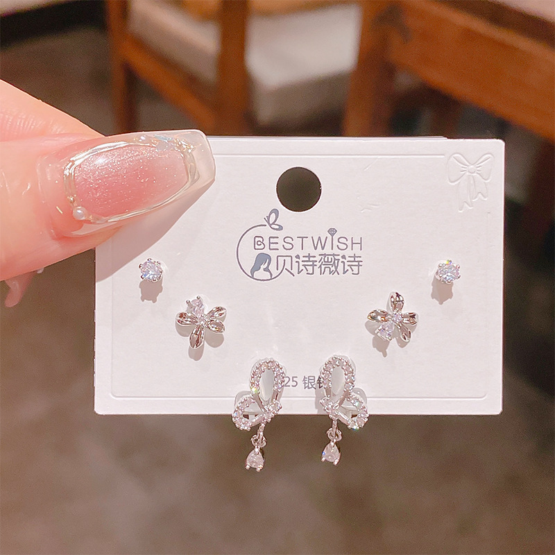 High-quality S925 silver needle zircon 6-piece set small earrings, women's simple three pairs of earrings