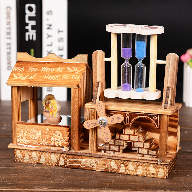 M1512 Wooden House Windmill Sailboat Rotating Music Box 60-273 Wooden Pen Holder Student Birthday Gift
