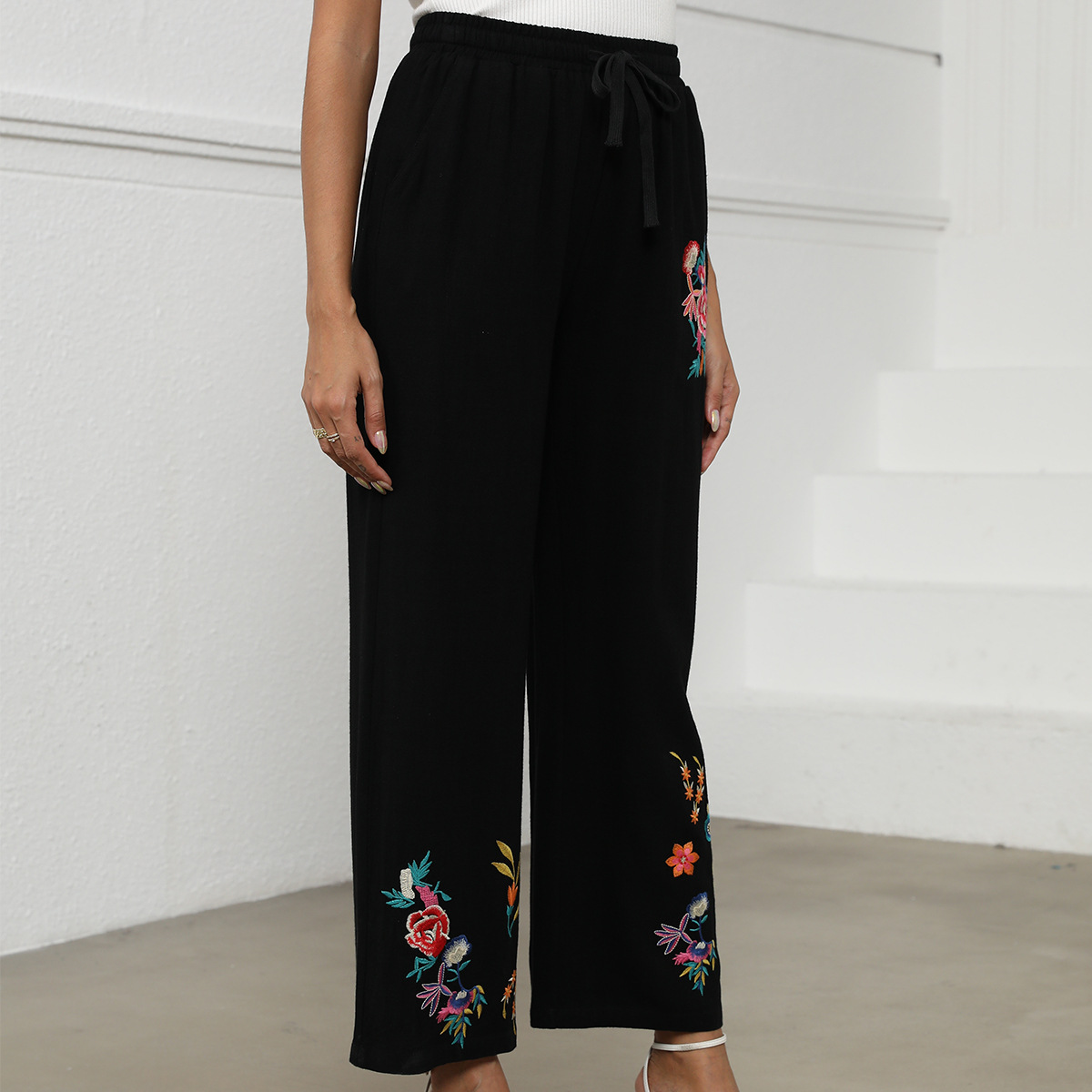 Ethnic style wide-leg straight-leg pants cotton-linen embroidered flower nine-point skirt pants summer loose plus size casual pants #048