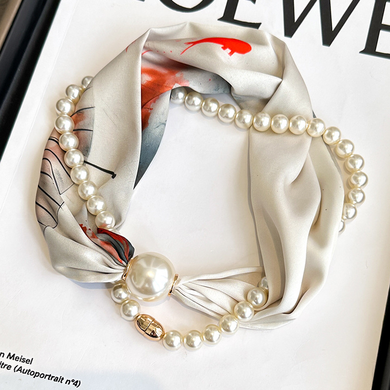 Magnetic buckle pearl necklace small long strip silk scarf women mother neck protection lazy matching shirt thin scarf