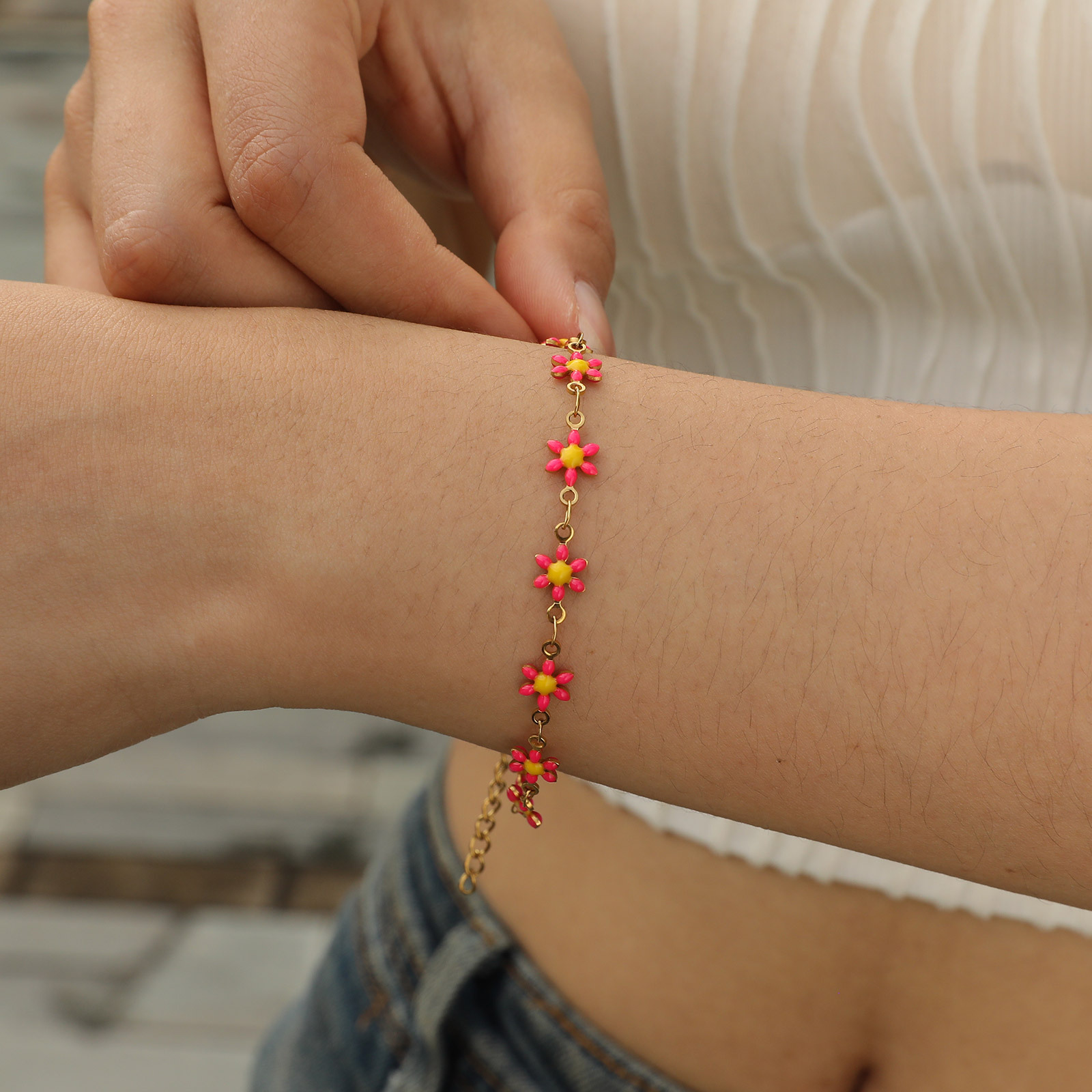 Women's Stainless Steel Drop White Oil Heart Shape Flower Cherry Colorful Bracelet Gold Accessories