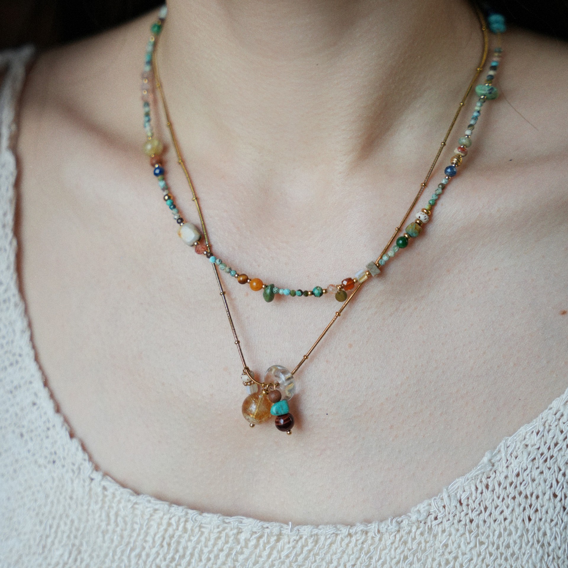 「Oakmoss Green」Original Chinese-style natural raw turquoise multi-gem necklace for women, wind collarbone chain accessory