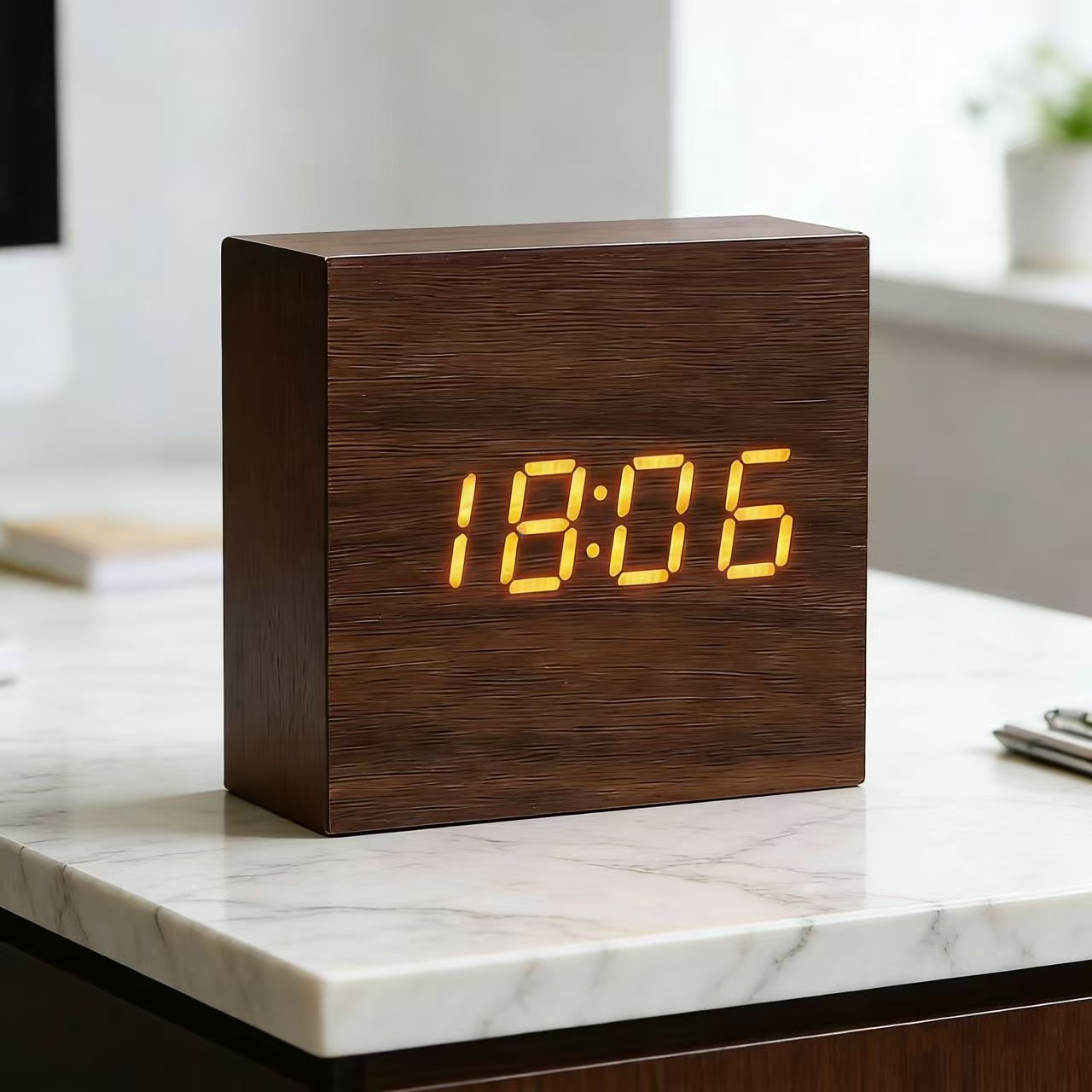 LED wooden voice-controlled alarm clock, office clock, bedside electronic alarm clock, LED digital clock