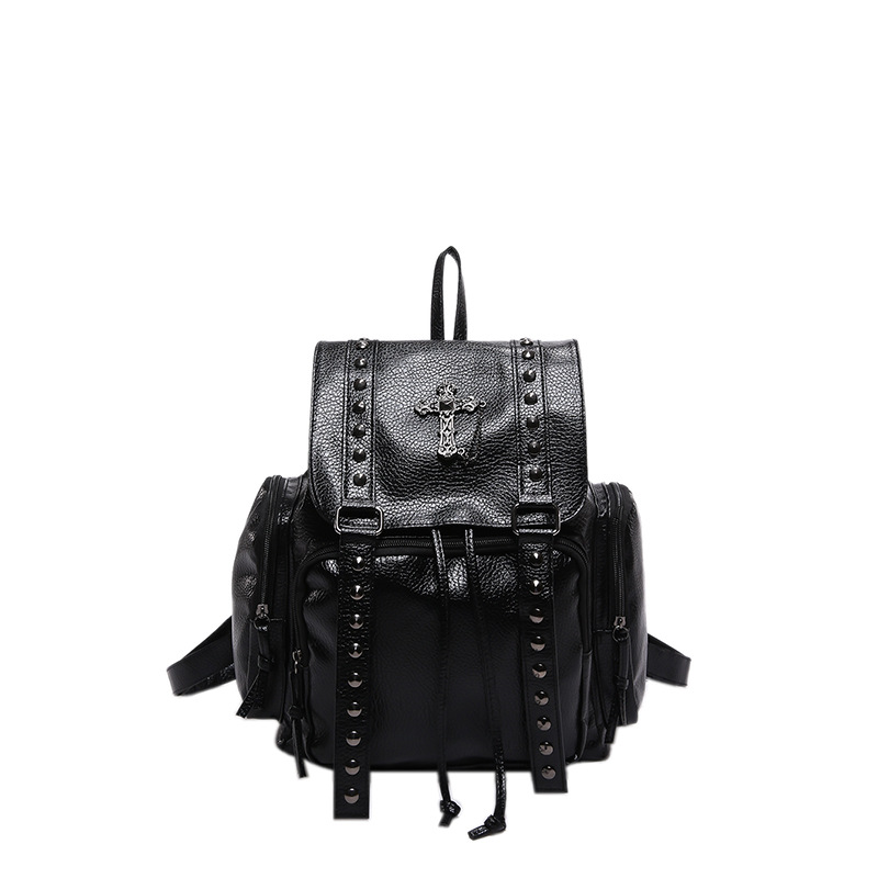 Washed荔枝纹PU leather rivet motorcycle style backpack crossbody double-shoulder bag large capacity women's bag