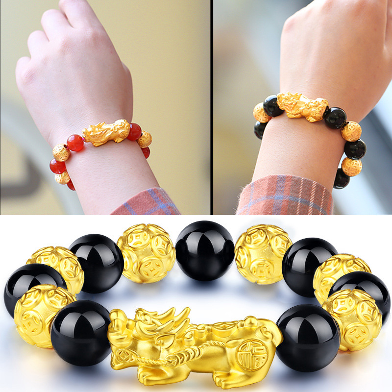 Vietnam sand gold Pixiu bracelet men and women original design imitation gold Pixiu black obsidian bracelet