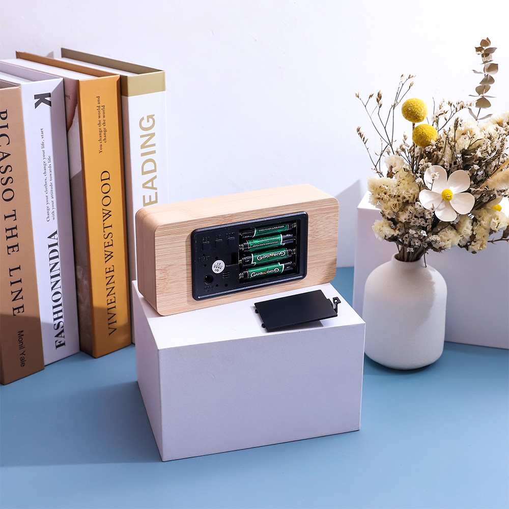 Wooden alarm clock LED student alarm clock, rechargeable digital display electronic alarm clock, wooden clock decoration