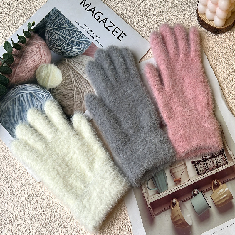 Women's Winter Warm Knitted Gloves for Students, Cycling, Fingerless, Solid Color, Imitation Rabbit Fur, Touchscreen