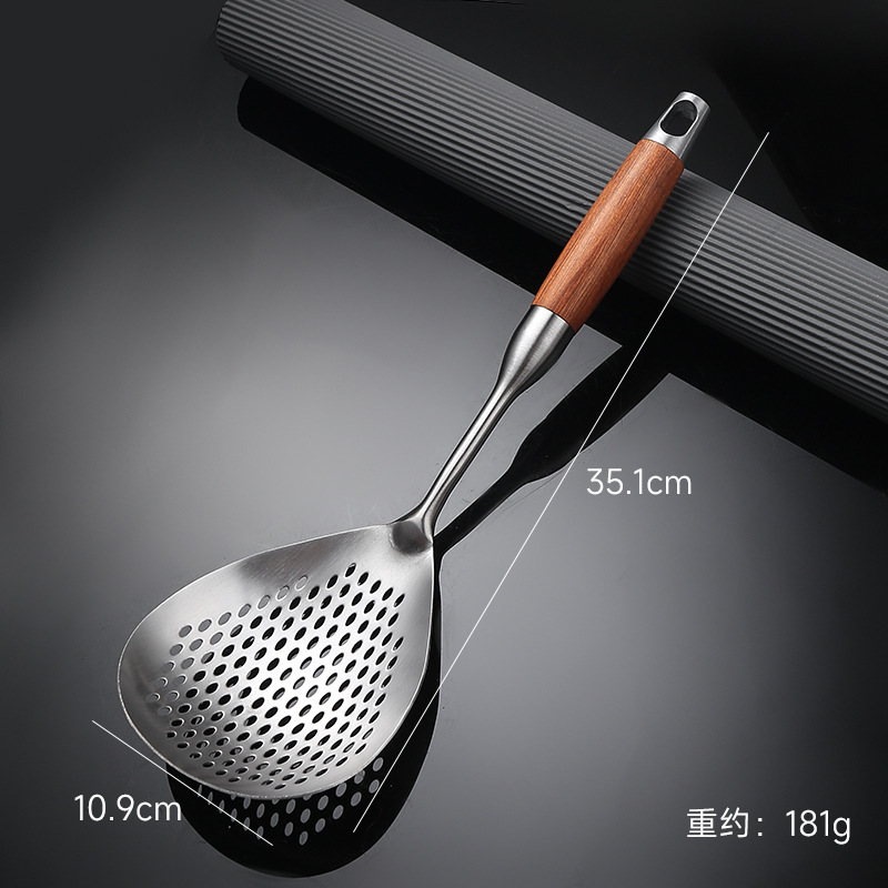 304 stainless steel large strainer for kitchen, noodle and dumpling scoop, wooden handle, pepper scoop, deep-fried, thickened long handle deep-fried large