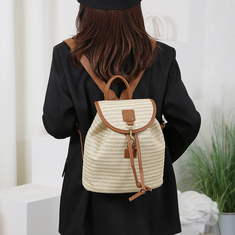 New Simple Patchwork Drawstring Bucket Straw Bag, Vacation Travel Woven Backpack for Women