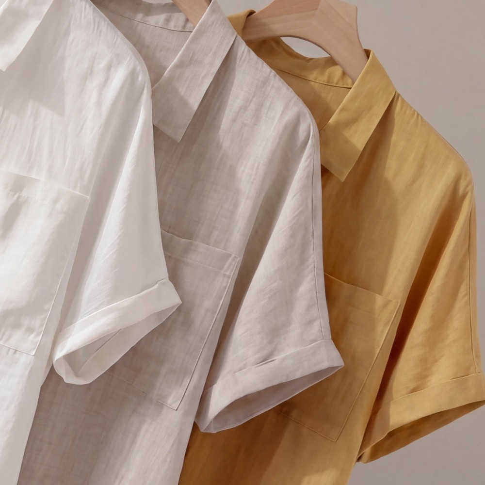 Linen short-sleeve shirt women summer simple loose turn-up thin casual white top