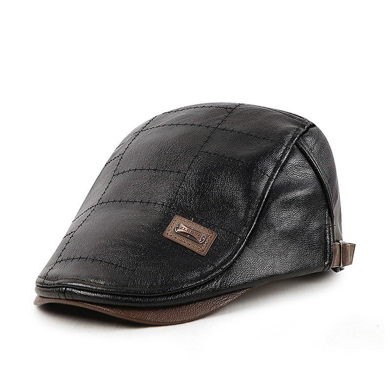 2020 new PU leather cap for middle-aged and elderly, fleece-lined outdoor warm cap, fleece-lined forward beret