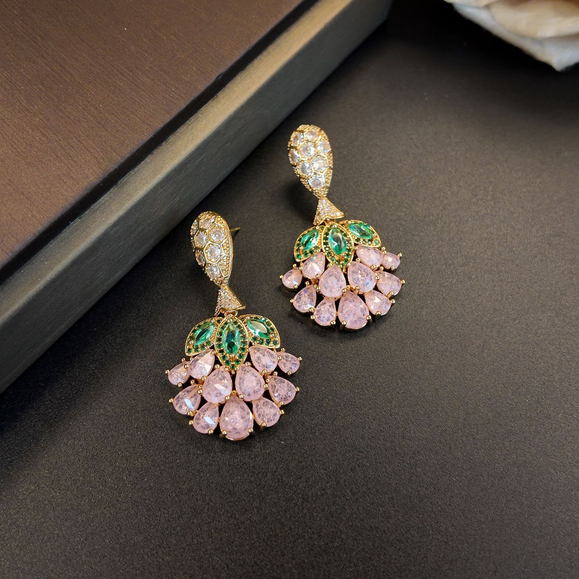 Copper inlaid zircon green leaf pink drop petal scallop flower earring women's accessories