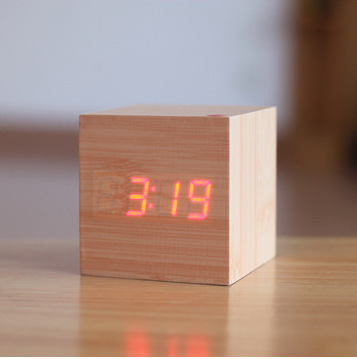 LED wooden clock, night light, voice-activated electronic alarm clock, desktop decoration, gift, student alarm clock