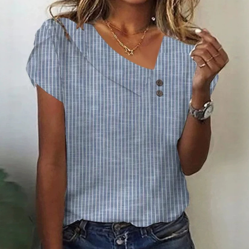 2026 New Summer V-Neck Printed Short Sleeve T-Shirt Women Loose Bubble Sleeve Casual Top
