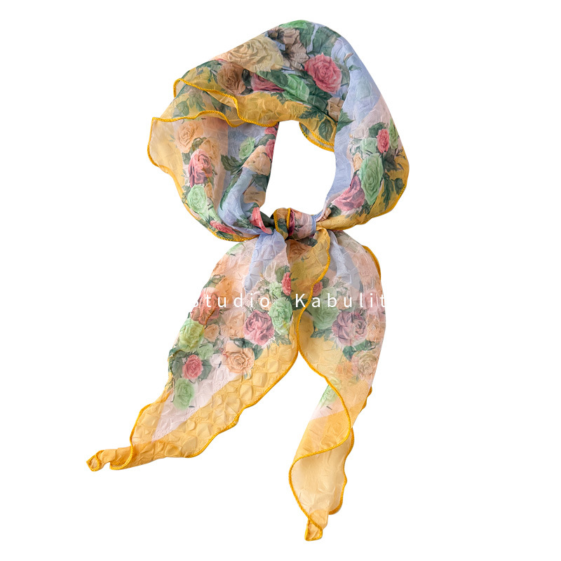 Oil painting wrinkled small triangle square scarf, silk scarf for women, neck protection mother matching shirt hair band neck scarf thin scarf