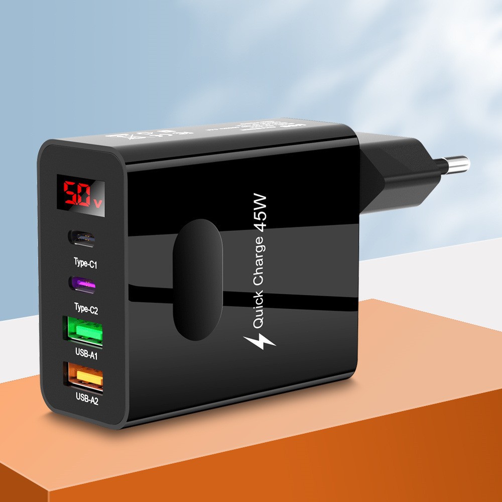 Digital Display 2USB+2Type-C Digital Phone Charger Multi-Port Charging Head UK Plug