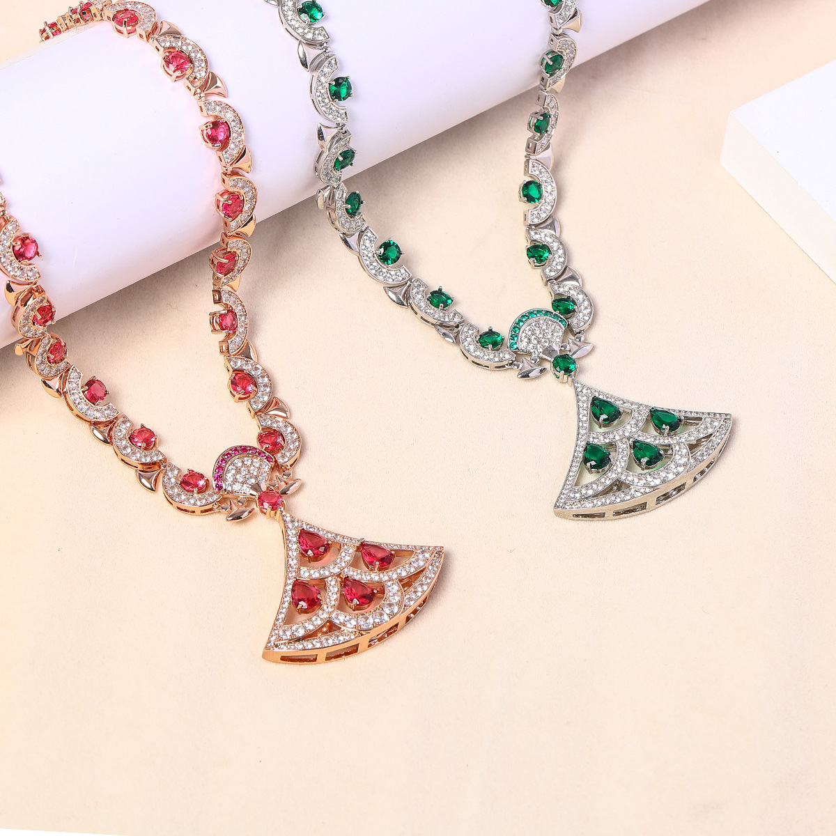 New large fan shape design set micro-set zircon elegant necklace