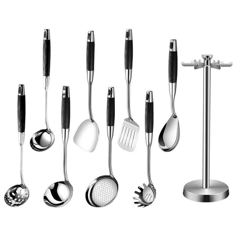 316 stainless steel spatula and soup spoon, household cooking spatula, ebony wood handle, kitchen cookware set, seven-piece set, soup shell