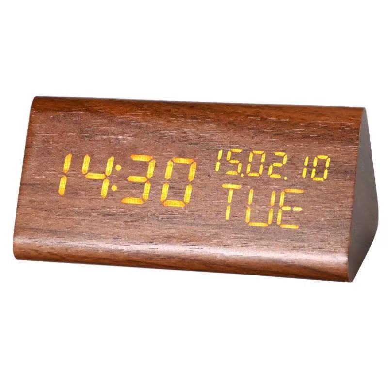 Three-display LED electronic wooden alarm clock, perpetual calendar clock bedside silent night light desk clock wooden clock