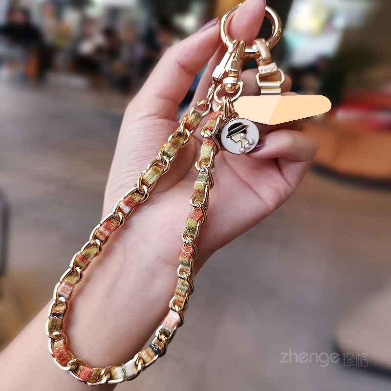 Mobile phone lanyard small fragrance camellia tag pendant phone chain wrist hanging decoration short metal chain
