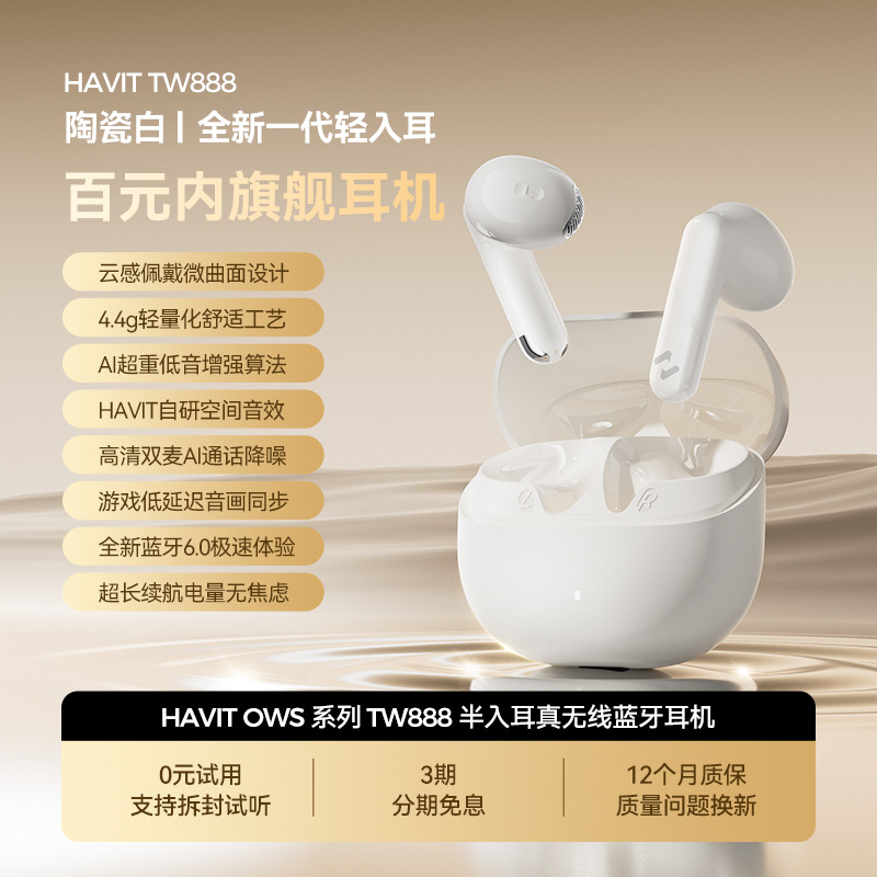 havit New TW888 Bluetooth 6.0 Earphones Wireless Semi-in-ear Call Noise Cancellation Bass Game Low Latency