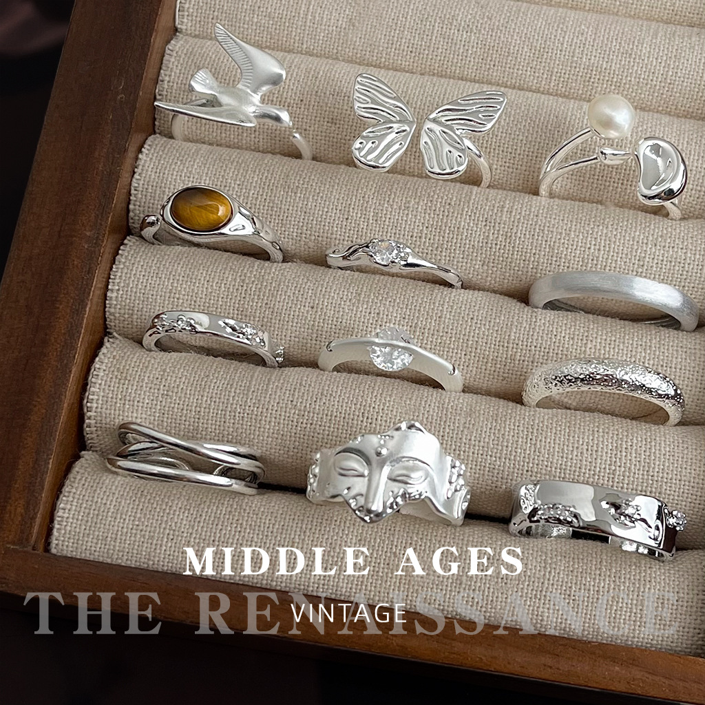 Vintage Retro Silver Ring Collection Niche Index Ring Hand Jewelry for Women