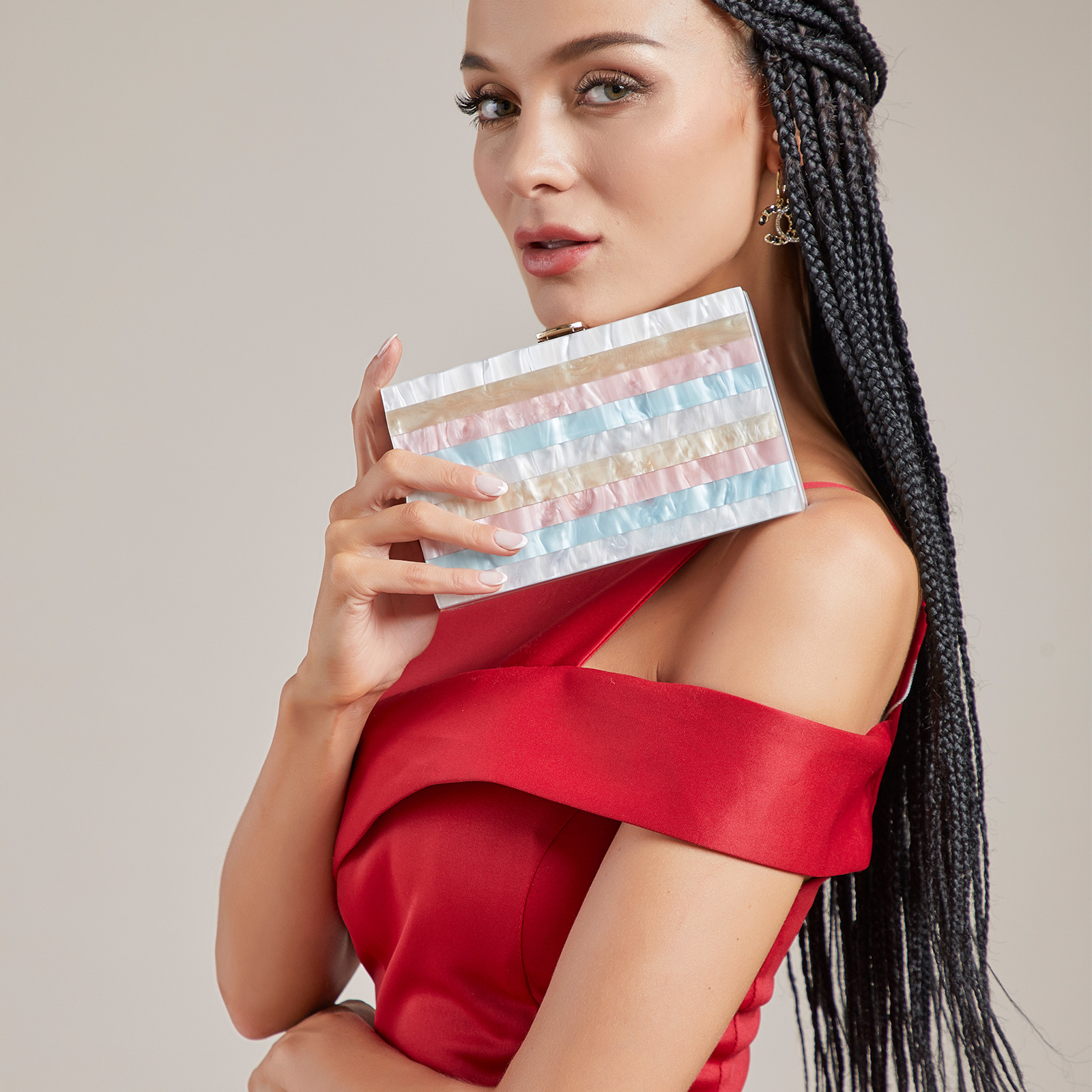 2023 New Evening Bag Striped Stitching Pearlescent Acrylic Clutch Bag Crossbody Exclusive