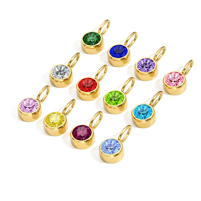 eManco Stainless Steel Jewelry Accessories 8mm Birthstone Pendant DIY Jewelry Accessories Colored Rhinestone Charm