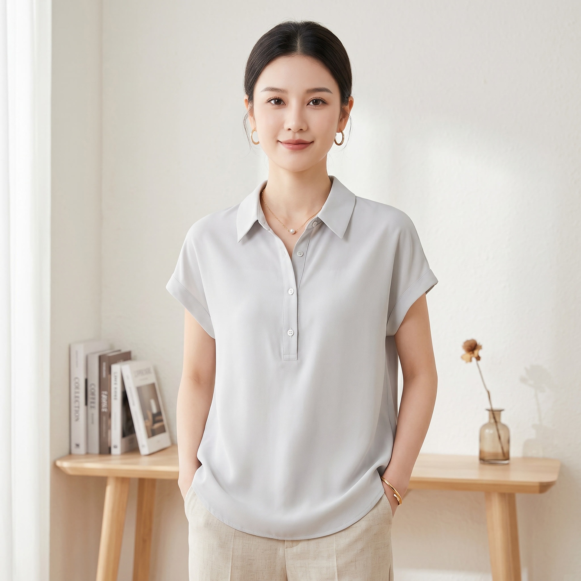 Summer Silk Short Sleeve Shirt for Women New Loose Casual Blouse Solid Color Commute Mulberry Silk Top Niche