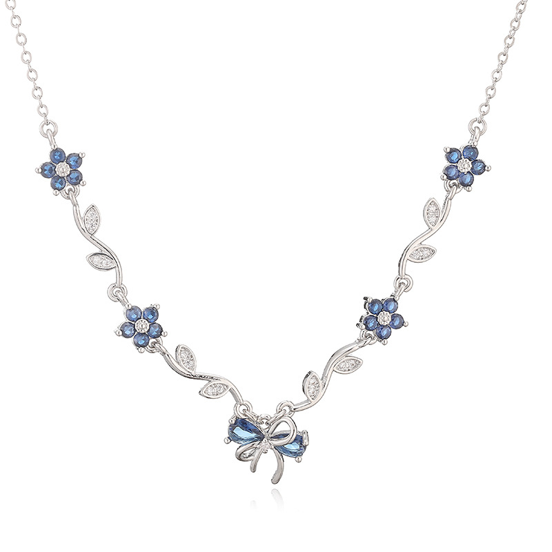 Copper Inlaid Colorful Diamond Branch and Five-Petal Flower Bracelet, Necklace, Earrings, and Bowknot Flower Set