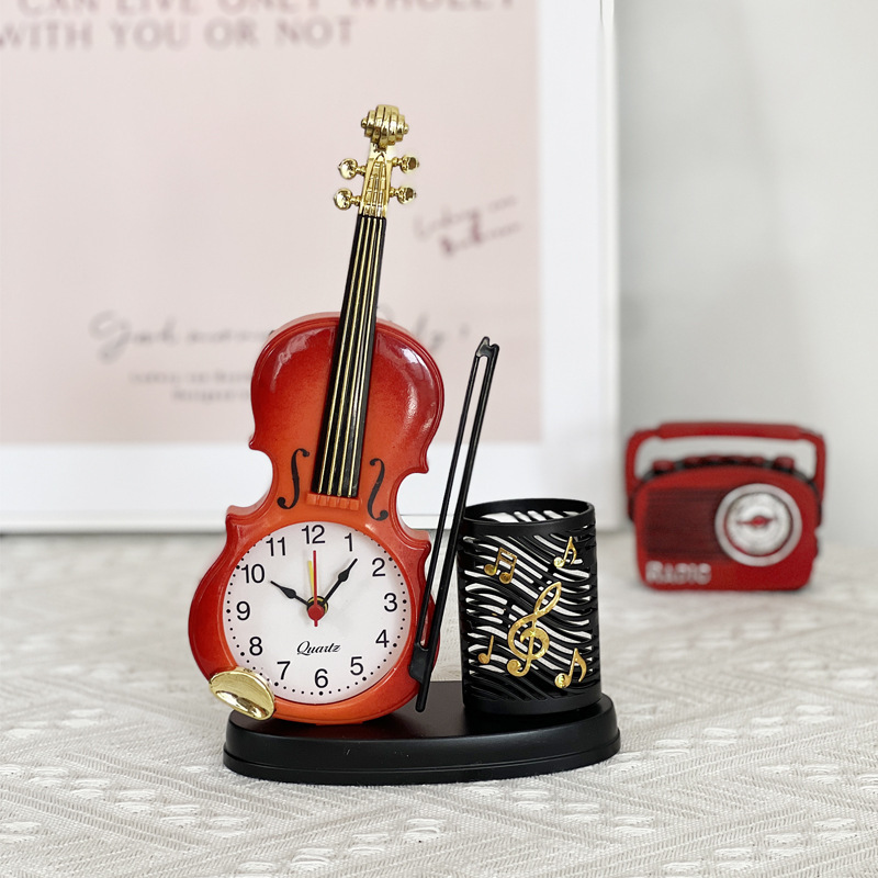 Simulated Violin Alarm Clock Musical Instrument Shape Desktop Clock Living Room Ornament Desk Clock