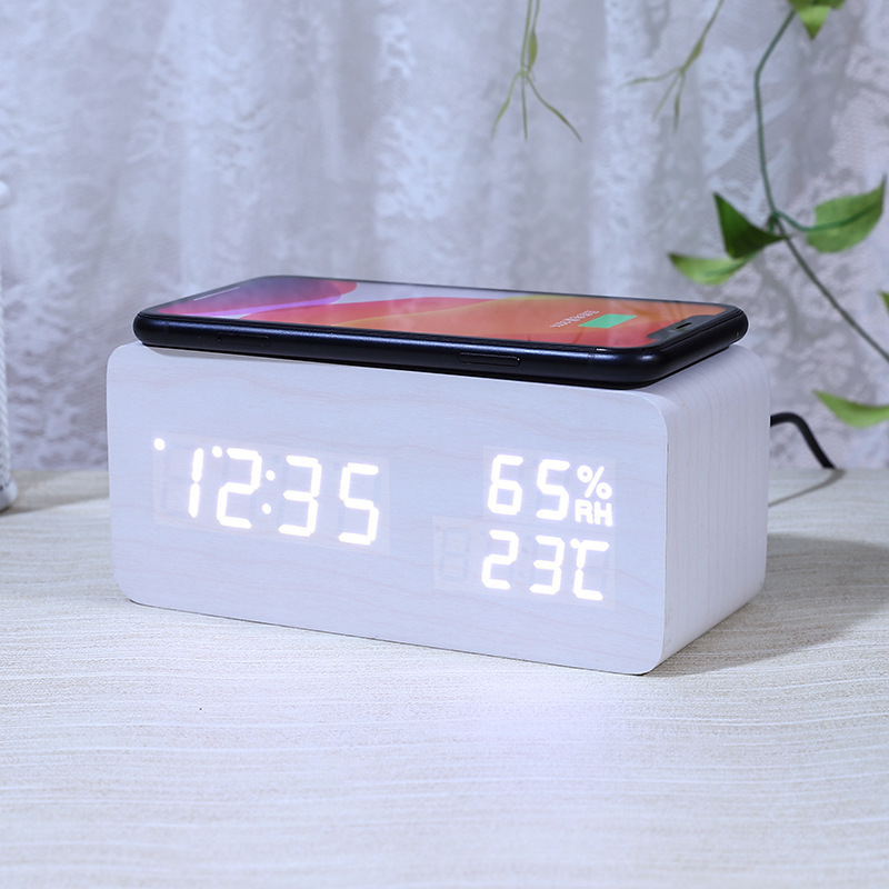 LED temperature and humidity wireless charging wooden clock, mobile phone wireless charging desktop silent electronic clock alarm clock