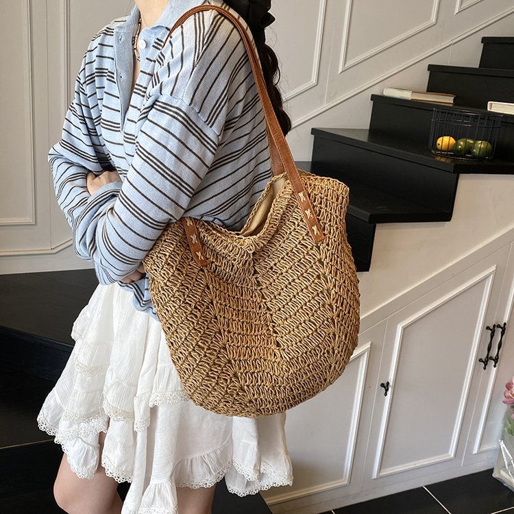 Paper Rope Straw Bag Women's Handwoven Beach Bag Large Capacity Single Shoulder Tote Bag Women's Bag Casual