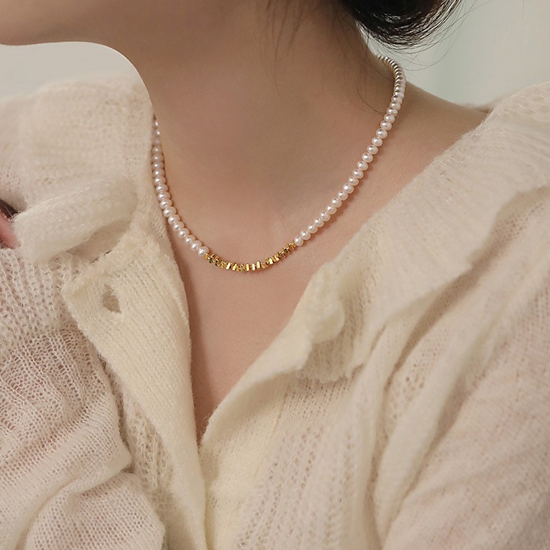 Natural Freshwater Pearl Necklace Women Baroque Collarbone Chain 14K Gold Plated Necklace Sweater Chain