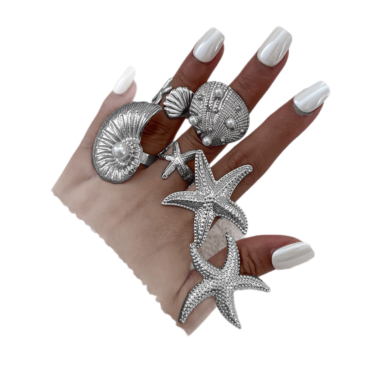 Starfish Shell Open Ring Set Women Ocean Style 6-Piece Set Pearl Adjustable Ring