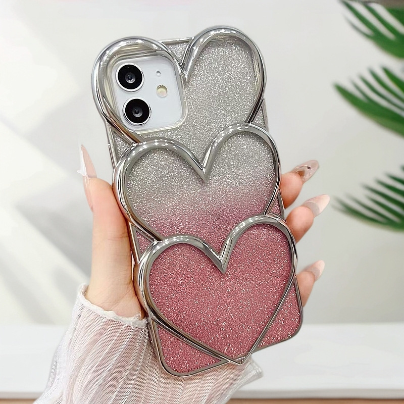 New compatible IP16/15 heart overlap electroplated 14 gradient glitter 13 full coverage anti-drop TPU phone case