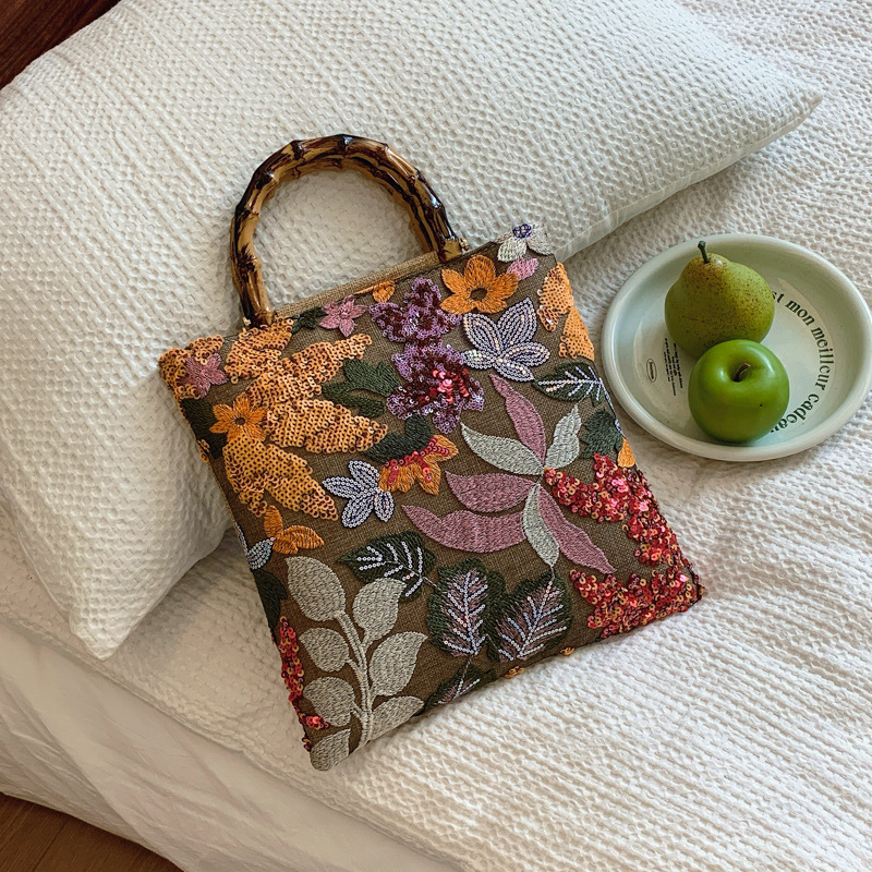 New Linen Bamboo Knot Handle Bag 2024 New Women's Bag Embroidery Sequins Women's Handbag Evening Bag