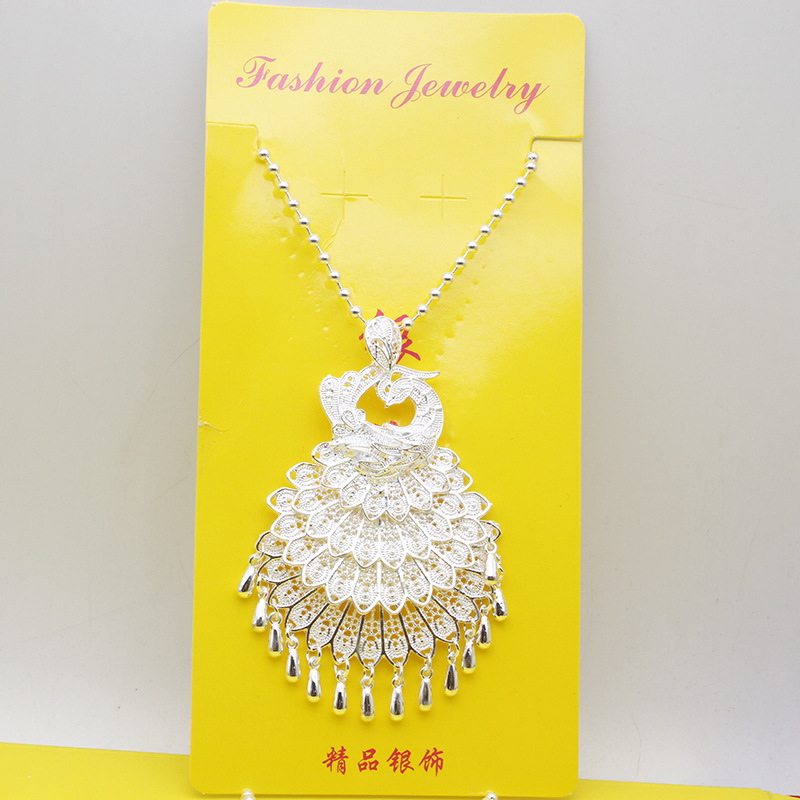 Ethnic style Miao silver sweater chain women butterfly peacock flower long necklace set exhibition imitation silver jewelry