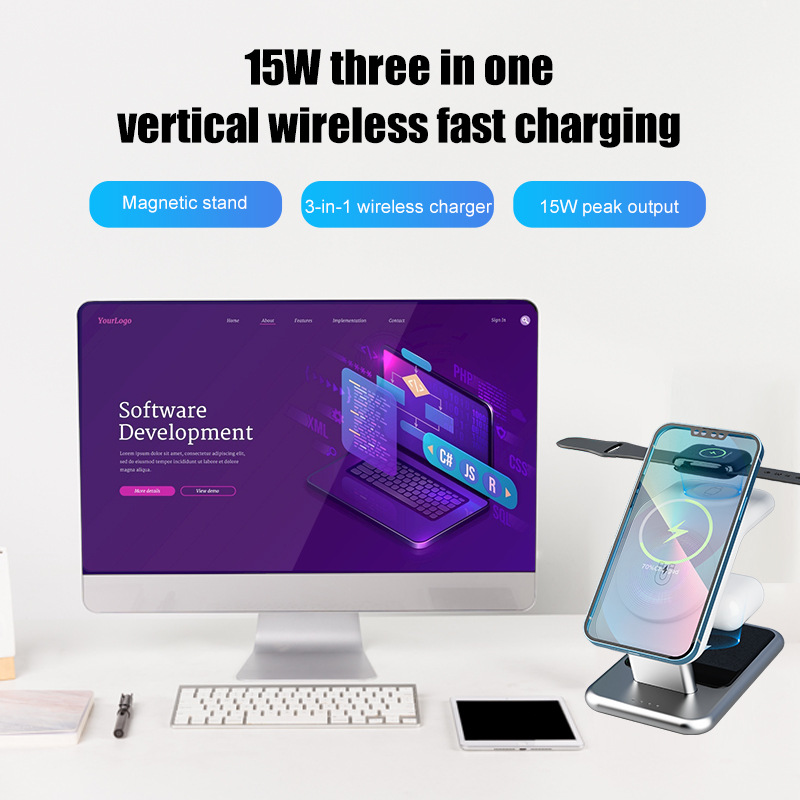 New 15W multifunctional wireless charger, suitable for Apple phone magnetic desktop three-in-one fast charge base