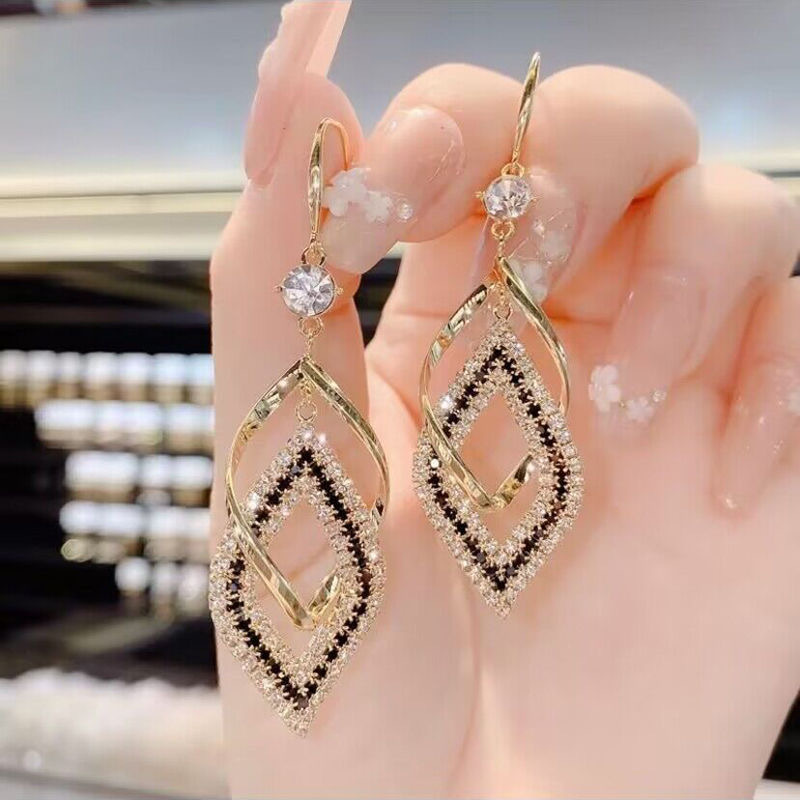 Double layer geometric rhombus earrings women new ear hook ear accessories