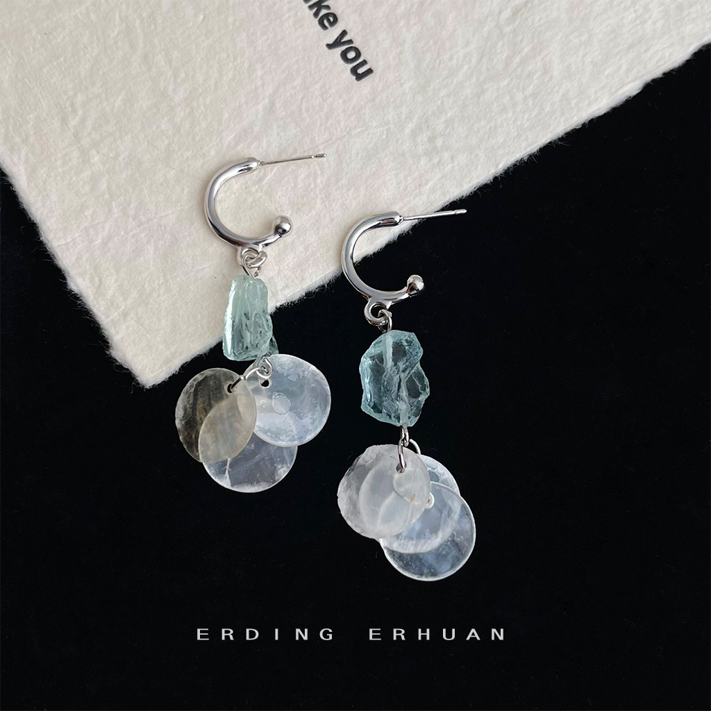 Natural stone blue crystal shell earrings summer new fresh sweet long earrings for women