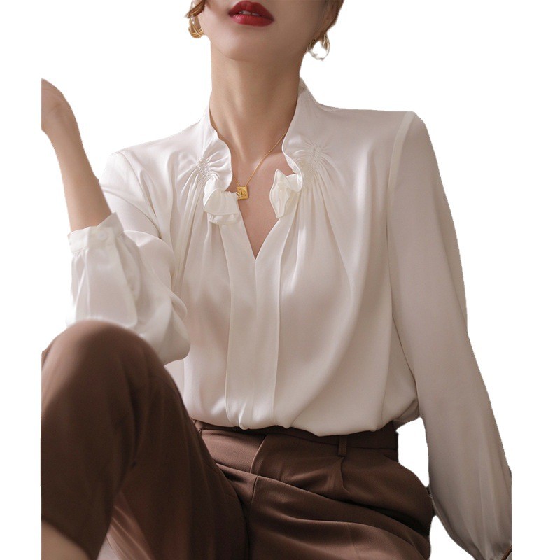 White Silk Top Women's Niche Early Autumn New Long-Sleeve Ruffle Shirt Mulberry Silk Blouse